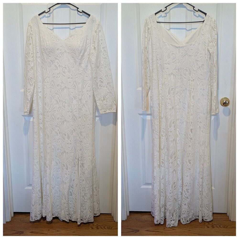 DB Studio Ivory Lace Long Sleeve Minimalist Romantic Maxi Wedding Gown Boho Chic